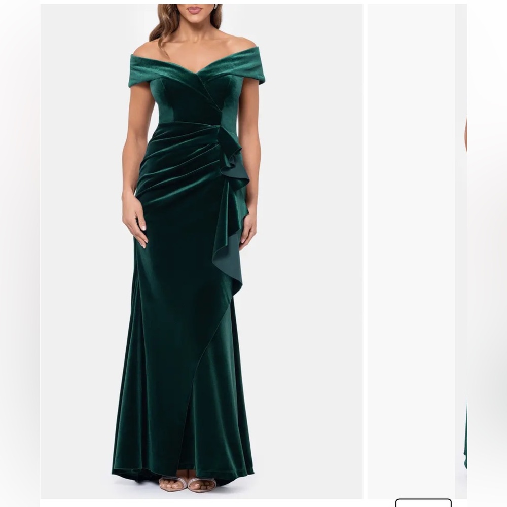 Xscape Evenings Ruffle Off the Shoulder Stretch Velvet Gown